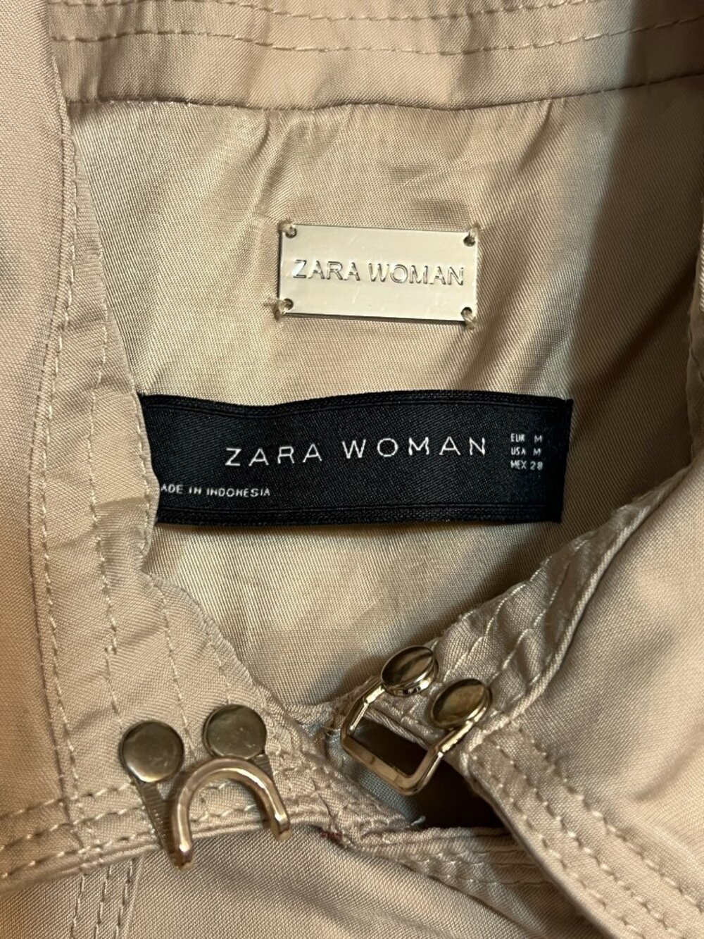 ZARA WOMAN Trench Coat Womens M Beige Belted Double Breasted Jacket Khaki - Picture 4 of 13
